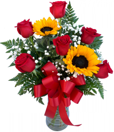 Sweet Devotion Half Dozen Roses with Sunflowers Rose Arrangement