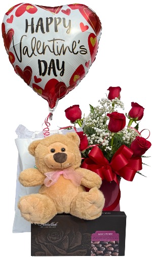 Love Delivered Valentine Bundle Half Dozen Rose Arrangement