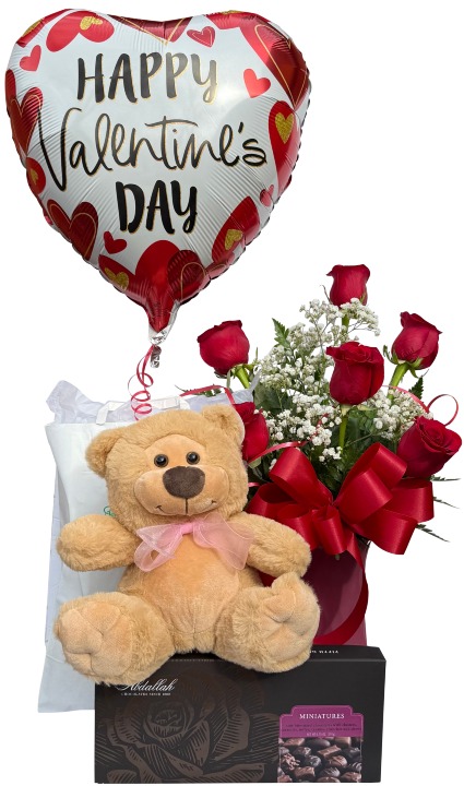 Love Delivered Valentine Bundle Half Dozen Rose Arrangement