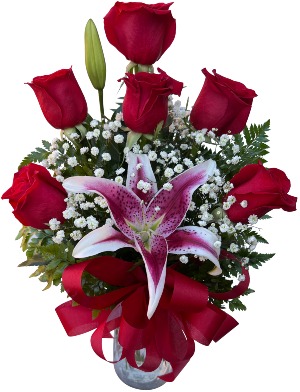 Soul Mate Half Dozen Roses with Stargazer Lily Vase Arrnagement