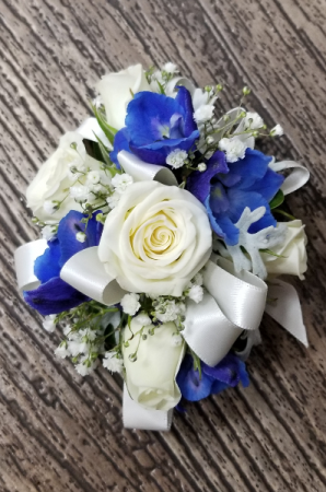 Sweetheart Roses & Delphinium Wrist Corsage