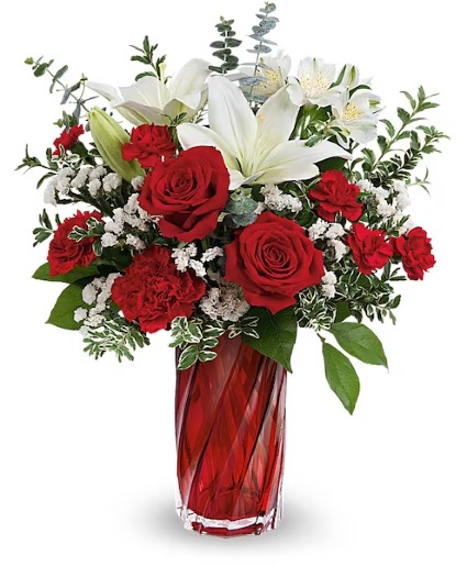 Swirling Love TF Bouquet Sculpted red glass vase