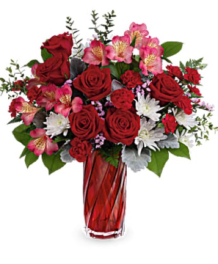 Swirling Splendor TF Bouquet Sculpted red glass vase