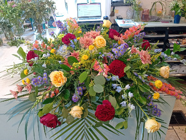 Colorful 1/2 Casket Spray Designer's Choice in Glastonbury, CT | THE FLOWER DISTRICT