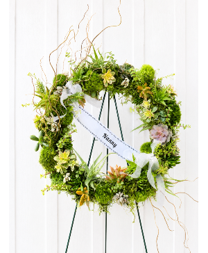 Sympathy standing wreath All-grees and succulents wreath