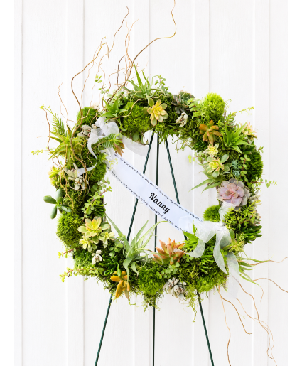 Sympathy standing wreath All-grees and succulents wreath