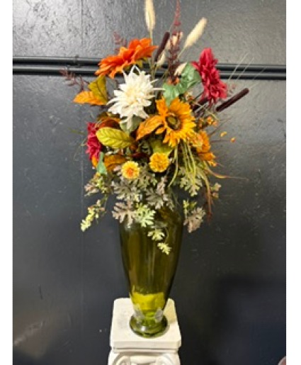 Tall Fall Arrangement In Green Vase 