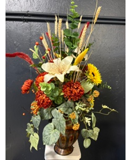Tall Fall Arrangement in Large Metal Urn W/Handles 