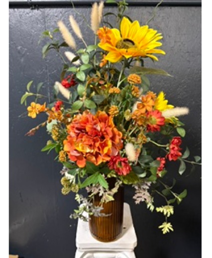 Tall Fall Arrangement In Orange Vase 