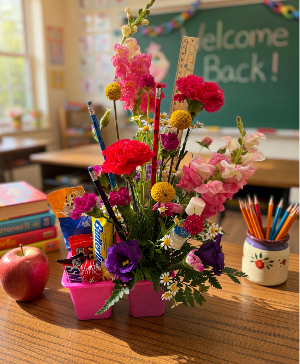 Teacher survival arrangement fresh flower, snacks and school supplies