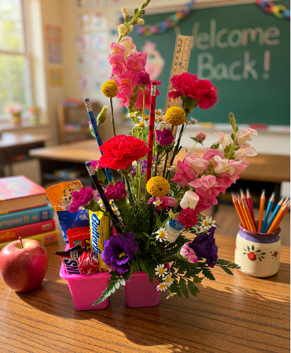 Teacher survival arrangement fresh flower, snacks and school supplies