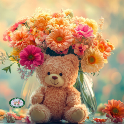 Teddy and Daisies Vase and Plush