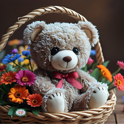 Teddy's Surprise Basket of Flowers