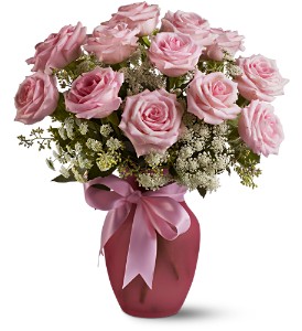 Teleflora's A Dozen Pink Roses And Lace Vased Arrangement-Dozen Short Stem Roses