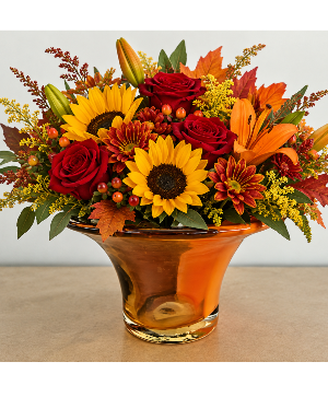Teleflora's Art Glass Bowl Autumn Harvest Fresh Arrangement in a keepsake
