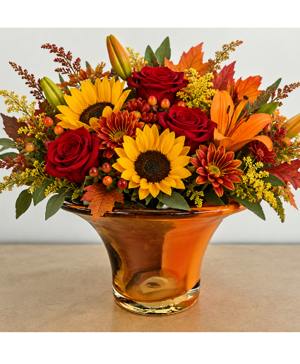 Teleflora's Art Glass Bowl Autumn Harvest Fresh Arrangement in a keepsake