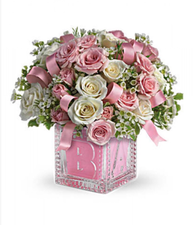 Teleflora’s Baby’s first block pink Fresh