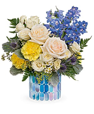 Teleflora's Dreaming of Blue Bouquet Fresh Arrangement in a Teleflora Keepsake