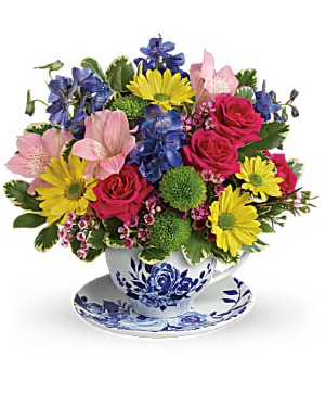 Teleflora's Dutch Garden Tea Cup Bouquet Fresh Arrangement in a Teleflora Keepsake