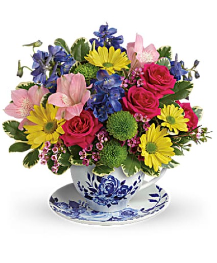 Teleflora's Dutch Garden Tea Cup Bouquet Fresh Arrangement in a Teleflora Keepsake