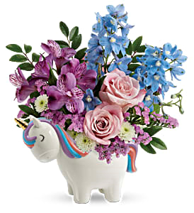 Teleflora's Enchanting Pastel Unicorn Fresh Flowers in Keepsake Container