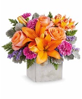 Teleflora's Garden Gem Bouquet Fresh Arrangment in a Cement Cube Keepsake