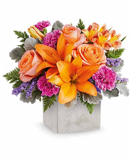 Teleflora's Garden Gem Bouquet Fresh Arrangment in a Cement Cube Keepsake