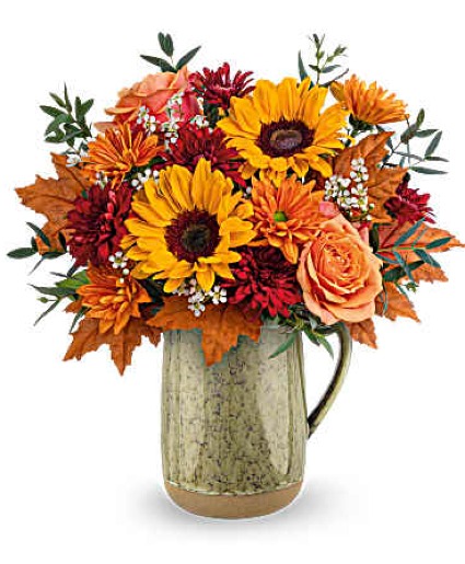 Teleflora's Harvest Season Bouquet Fresh arrangment in a Teleflora keepsake