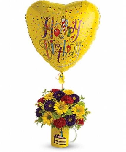 Teleflora's Hooray for Birthday w/Balloon Fresh arrangement in a Birthday mug and a Happy BirthdayBalloon