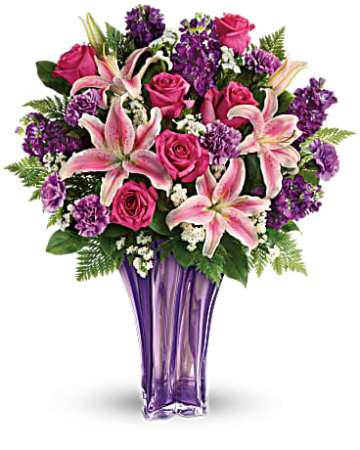 Teleflora’s Lavish and Lavender Bouquet Beautiful Lavender Glass Vase With Fresh Flowers