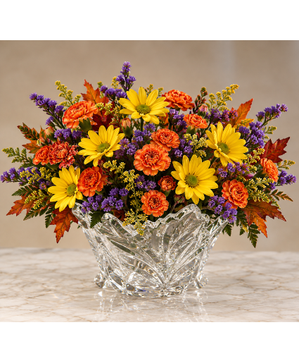 Teleflora's Lead Crystal Bowl Fall arrangement in a keepsake lead crystal candy dish