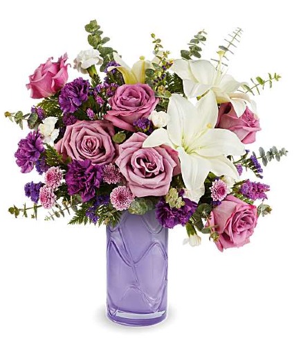 Teleflora's Mauvelous Bloom DX Fresh Arrangement in a Teleflora Keepsake