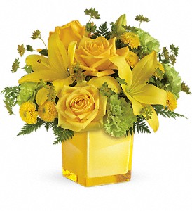 Teleflora's Sunny Mood Cube arrangement-fresh