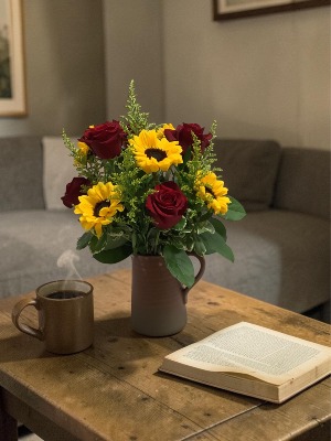 Terra Sun  Sunflowers and Red Explorer Roses
