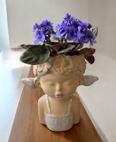 Thank Heaven for Little Girls with PigTails Ceramic Planter with Blooming plant