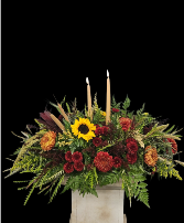 Thankful Harvest long and low centerpiece with candles 