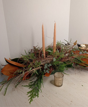 Natural Long and Low  Candle Centerpiece in Glastonbury, CT | THE FLOWER DISTRICT