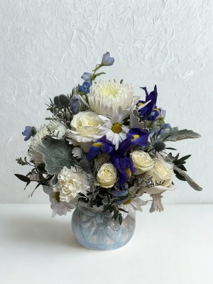 The Baby Boy Bundle of Joy Arranged Flowers in Keepsake Ceramic Container