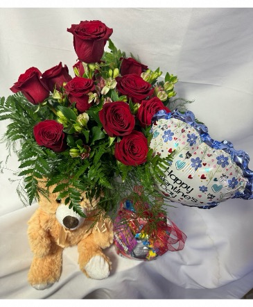 THE BIG DEAL DOZEN ROSES, TEDDY BEAR, AND SNACK PACK FINISHED WITH A BALLOON in Cynthiana, KY | Petals & Lapels