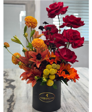 the fancy black box floral fall arrangement