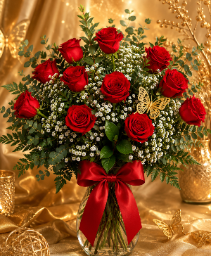 The Golden Butterfly Rose Arrangement Call Us for Faster Service & Daily Specials: (915) 303-8500 Text Us to Order Anytime: (915) 505-3708 Your trusted source for Flowers & Delivery in El Paso TX