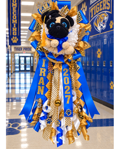 The Royal Pug Pride Homecoming Mum Call Us for Faster Service & Daily Specials: (915) 303-8500 Text Us to Order Anytime: (915) 505-3708 Your trusted source for Flowers & Delivery in El Paso TX 