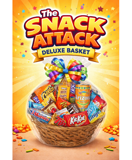 The Snack Attack Deluxe Basket Call Us for Faster Service & Daily Specials: (915) 303-8500 Text Us to Order Anytime: (915) 505-3708 Your trusted source for Flowers & Delivery in El Paso TX