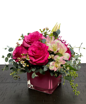 Think Pink coloured cube vase arrangement
