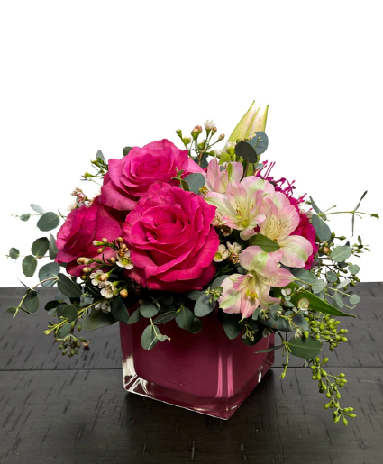 Think Pink coloured cube vase arrangement