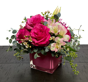 Think Pink cube vase arrangement