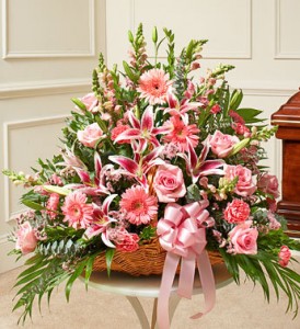 Thoughts and Prayers Fireside Basket With Pink Lilies and Roses in Gainesville, FL | PRANGE'S FLORIST- Sara & Lilli V