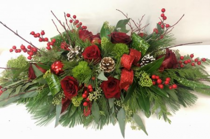 Tidings of Love    Table Arrangement  Bows maybe different   Red Roses , Green Carnations , Red and Green Berries 