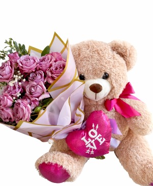 Mini Lavender Wrapped Roses And Bear Bouquet