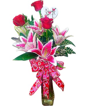 Tracy's Treat  Vase arrangement with red roses and stargazer lilies
